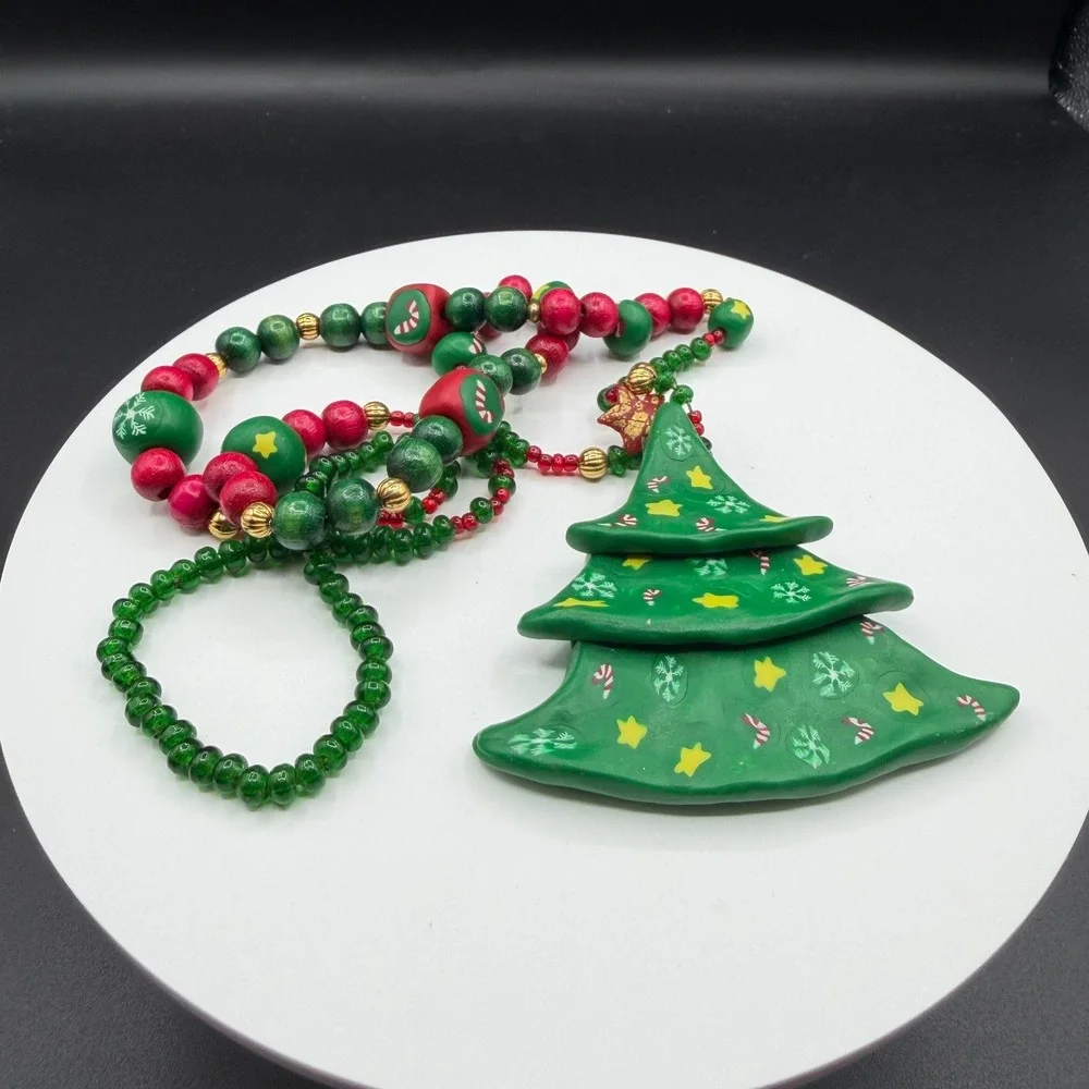 Christmas Tree Pendant Necklace Red Green Wood Beads Holiday Statement Jewelry